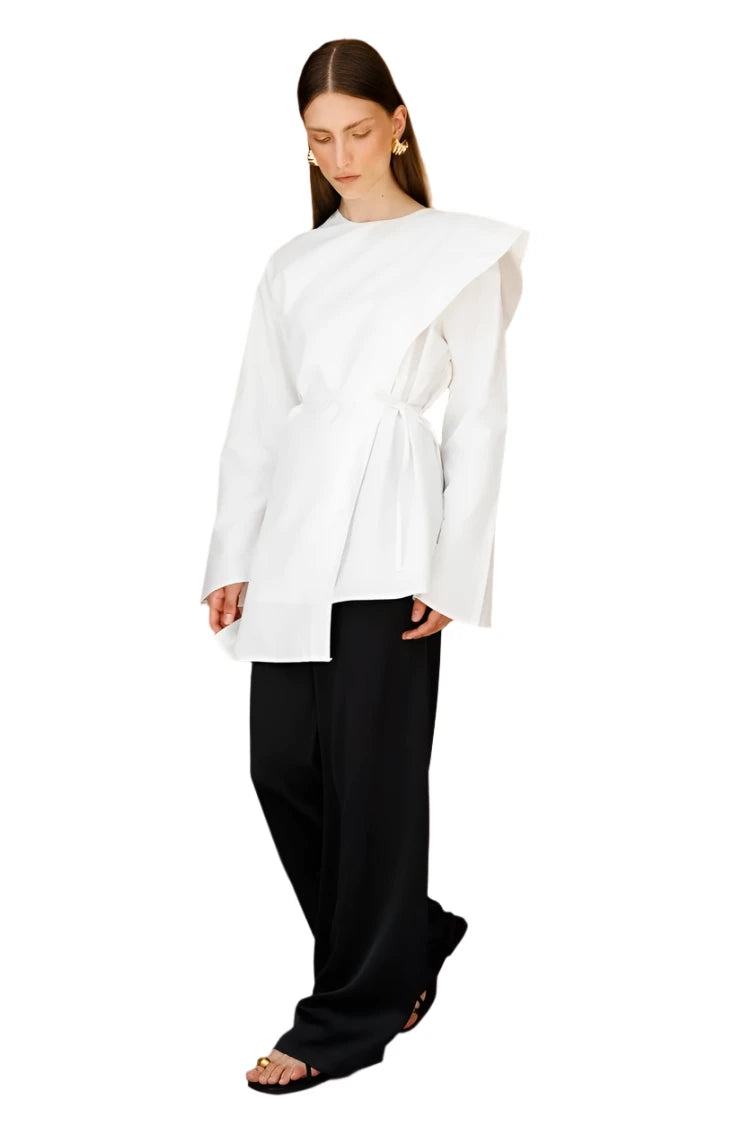 Ecru Scarf Detailed Poplin Blouse