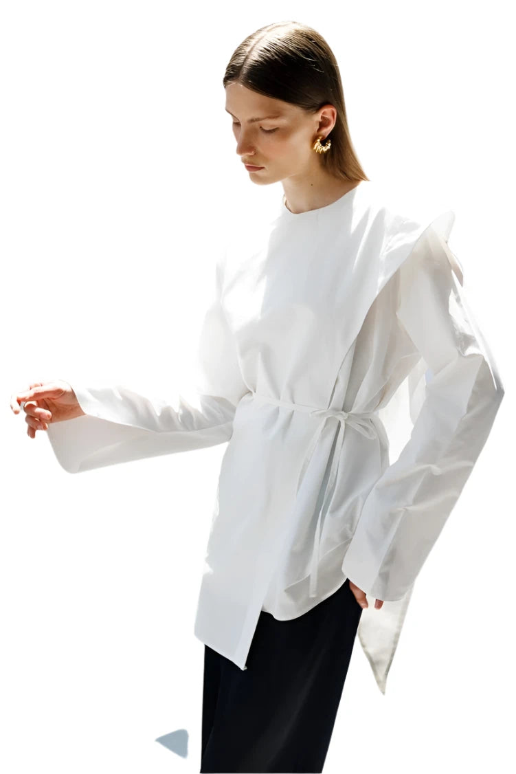 Ecru Scarf Detailed Poplin Blouse